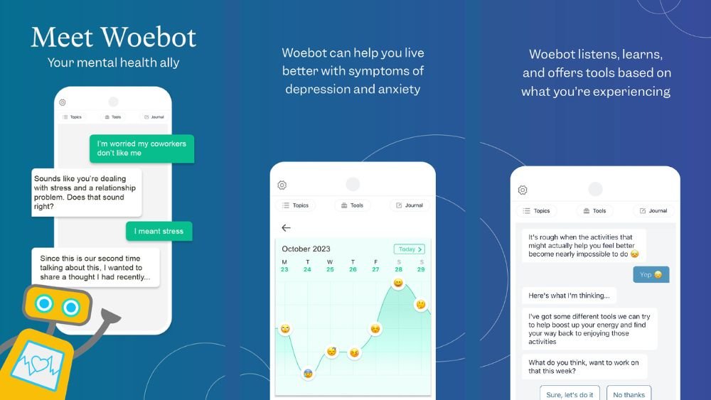 Woebot is an AI-driven chatbot that delivers CBT-based therapy in the form of a conversation.